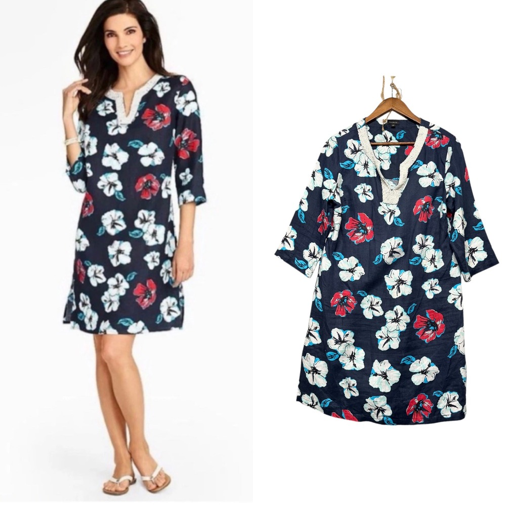 Talbots Linen Dress Womens M Navy Blue Floral Hibiscus Beaded Split Neck Resort